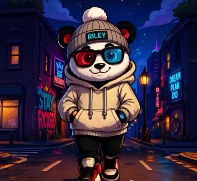 A cartoon illustration of a panda wearing a beanie labeled 'RILEY', 3D glasses (one red, one blue lens), a beige hoodie, and sneakers, standing in a neon-lit city street at night with signs reading 'STAY FOCUSED' and 'DREAM PLAN DO'.