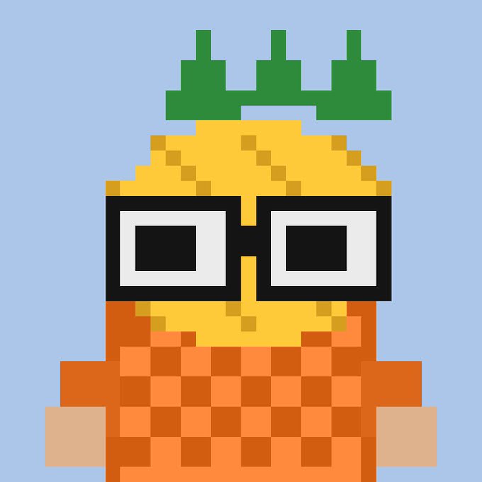 A pixel art illustration of a character with an orange checkered body, yellow head, large black-rimmed glasses, and a green crown-like shape on top.