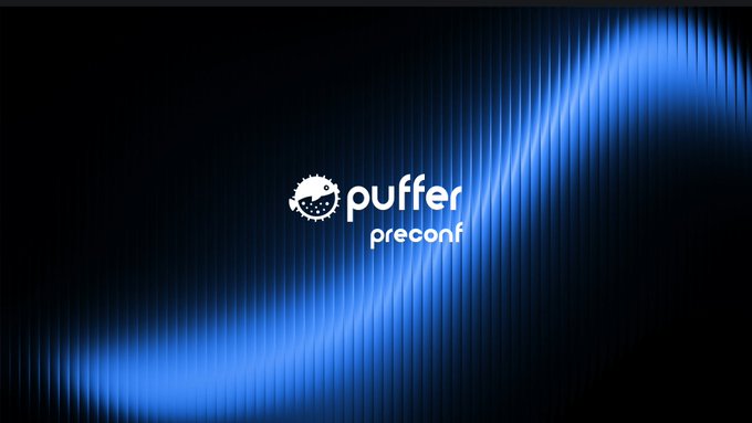 A logo graphic for 'puffer preconf' featuring a small pufferfish icon alongside the brand name, set against a dark background with vertical blue light streaks.