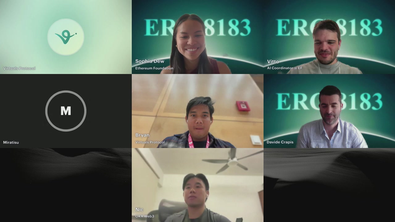 The image shows a group of people sitting at their desks for an online meeting or presentation using a video conferencing platform like Zoom. There are six individuals visible in the image, with some of them looking directly at the camera while others have their attention elsewhere. The background appears to be a typical office setting, featuring a desk and chair arrangement along with other objects such as a clock on the wall and a book placed nearby.