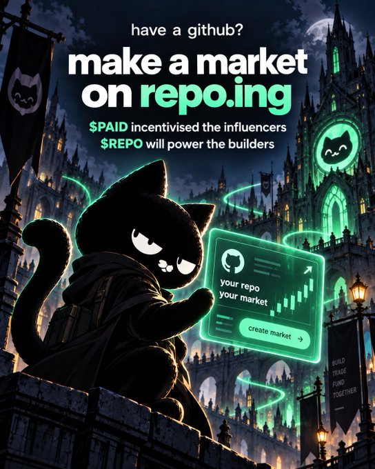Promotional graphic reading 'have a github? make a market on repo.in' featuring $PAID and $REPO tokens, with a black cat character and a gothic castle background.