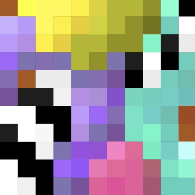 A grid of solid-colored squares in various shades of yellow, purple, teal, pink, black, and white.