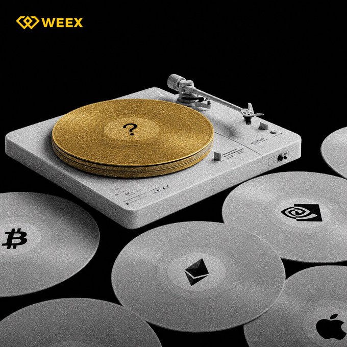An illustrative graphic from WEEX showing a stone turntable with gold vinyl records, surrounded by records bearing logos for Bitcoin, Ethereum, Nvidia, and Apple.