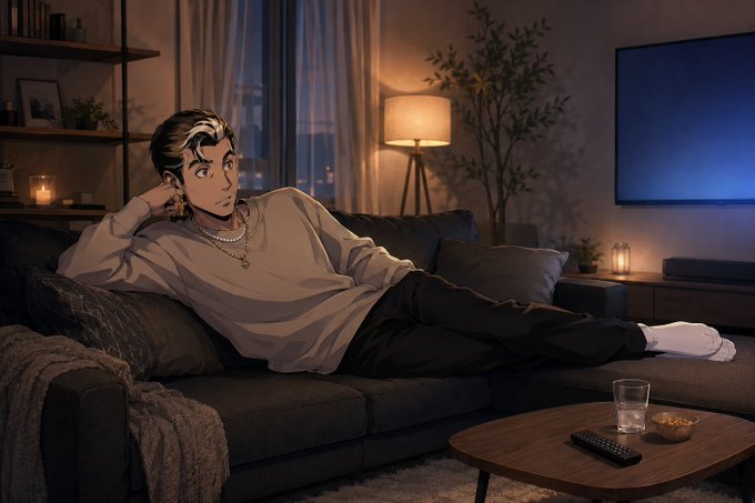 The image features a man sitting comfortably on a couch with his legs crossed while looking at something off camera. He has a remote control next to him, suggesting that he might be watching TV or using another electronic device. There are also two cups placed nearby, indicating that someone may have been enjoying a beverage in the room. The overall atmosphere of the scene is relaxed and casual, with the man seemingly enjoying his time at home.