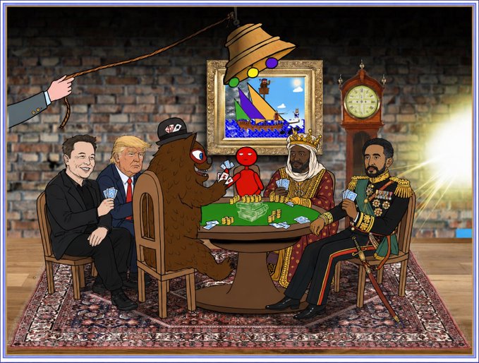 In a scene labeled "GM GM GRAND RISING," caricatures of Elon Musk, Donald Trump, and others play poker with a red puppet while a hand pulls a string to manipulate the lamp, visually representing the "invisible hand" and "Red Puppet" concepts described in the text.