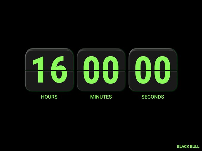 A glowing green digital countdown timer on a black background displaying 16 hours, 00 minutes, and 00 seconds, branded 'BLACK BULL'.