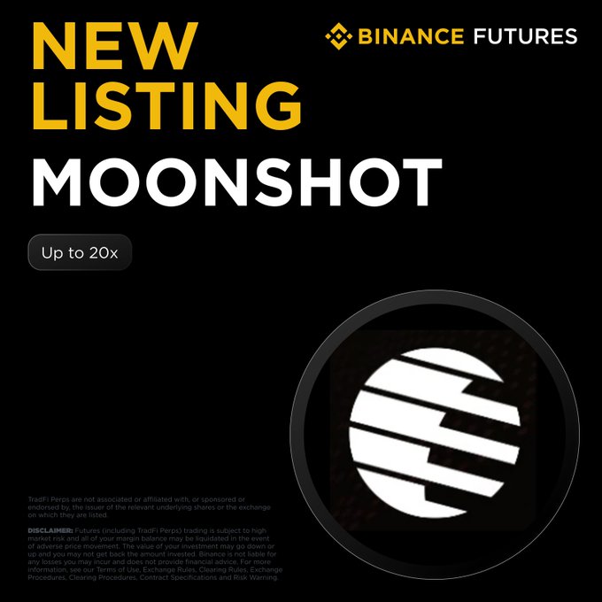 Binance Futures promotional graphic announcing the new listing of Beijing Moonshot AI Technology (MOONSHOT) perpetual contract, available with up to 20x leverage. The design features the MOONSHOT logo—a stylized sphere with horizontal slats—against a black background with bold yellow and white text reading "NEW LISTING MOONSHOT."