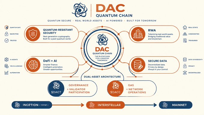 An infographic for "DAN QUANTUM CHAIN" (DAC) detailing its features including Quantum-Resistant Security, RWA, DeFi + AI, Secure Data, Governance, and Gas, with a roadmap showing Inception (Testnet), Interstellar, and Mainnet phases.