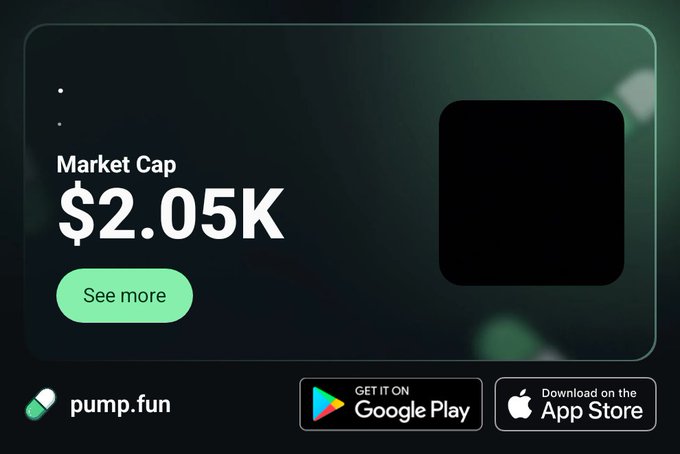 The image shows a pump.fun promotional graphic featuring a market cap display of $2.05K with a "See more" button, alongside Google Play and App Store download buttons. It appears to be an advertisement for the pump.fun platform, with the linked URL directing users to join a specific token or trading page at pump.fun.