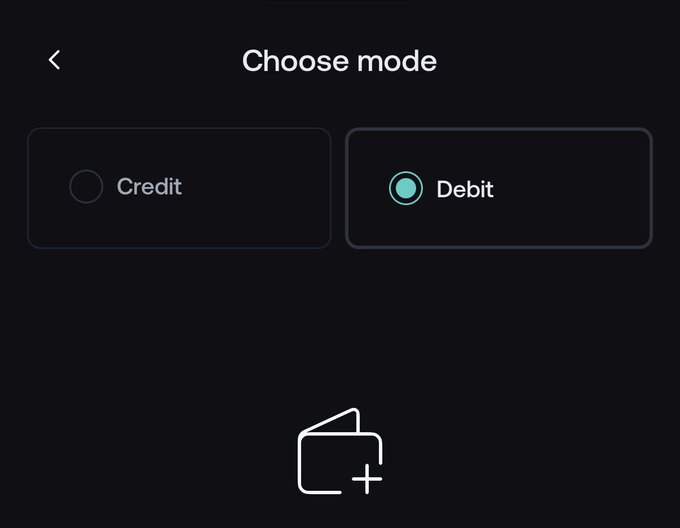 A dark mobile app interface shows a 'Choose mode' screen with 'Credit' and 'Debit' options, with 'Debit' selected.