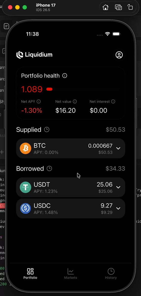 The image shows a black iPhone screen displaying information about trading cryptocurrency, specifically Bitcoin. The phone's home screen features various icons related to cryptocurrency trading, such as "PortfolioHealth" and "USDC", indicating that the user might be involved in cryptocurrency trading or has recently made transactions using Bitcoin. The post suggests that users can integrate money markets into their apps for better financial management and tracking of investments.