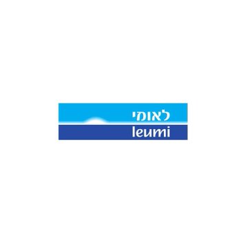 The blue and white logo for Bank Leumi, featuring its name in both English and Hebrew on a rectangular background.