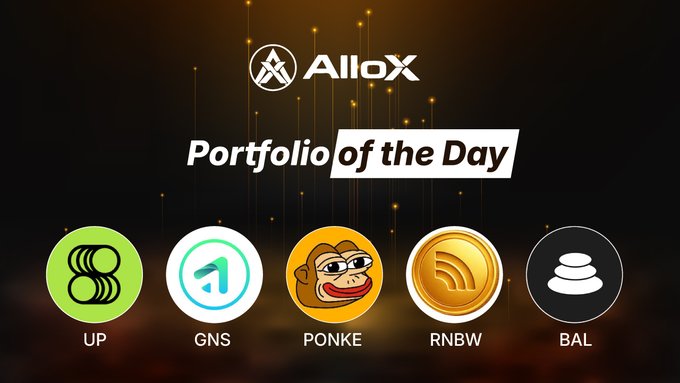 The image features a poster for "Portfolio of the Day" that showcases five different cryptocurrencies, including Bitcoin (BTC), Etherium (ETH), Ripple (XRP), Dogecoin (DOGE), and Litecoin (LTC). The poster also includes text about the current portfolio's allocation to these projects.