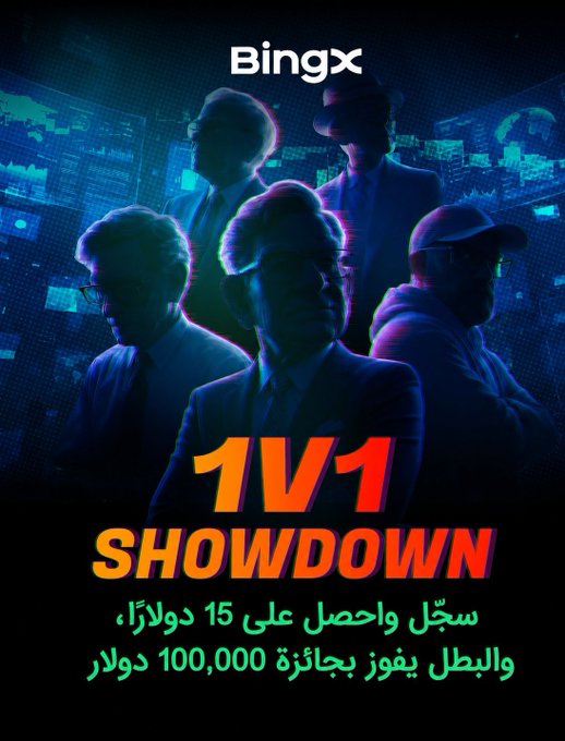 A promotional graphic for BingX showing silhouettes of men in suits, with text reading 'BingX', '1V1 SHOWDOWN', and Arabic text about a trading competition prize pool.