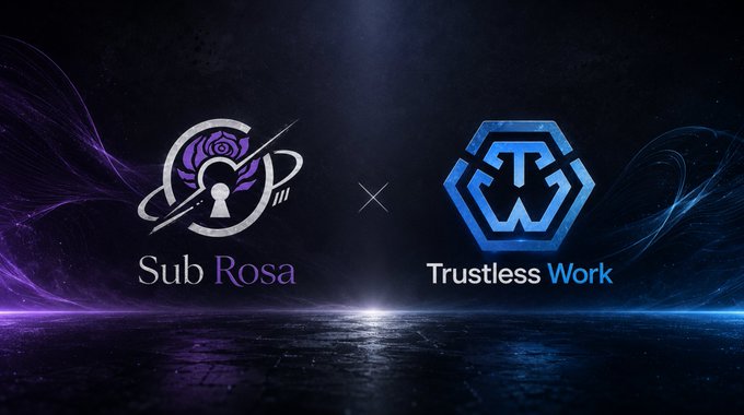 A dark promotional graphic showing two logos side by side: 'Sub Rosa' with a keyhole emblem and 'Trustless Work' with a hexagonal 'TW' monogram.