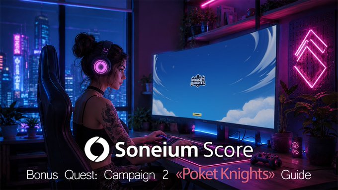 The image features a woman sitting at a desk with a computer monitor displaying a gaming guide for the @Soneium Score game, which is Season 11 of the @Soneium Score series. The guide provides information about the second campaign in the @Pocket Knights mini-app and encourages players to complete only one simple task.