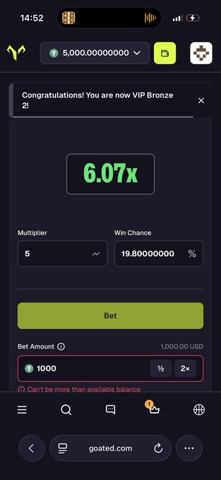 A betting interface on goatd.com displays a successful VIP Bronze 2 promotion with a 6.07x multiplier, showing a bet of 1,000 USD and a win chance of 19.8% on a 5x multiplier setting, celebrating the user's recent win of 5,000 USDT.