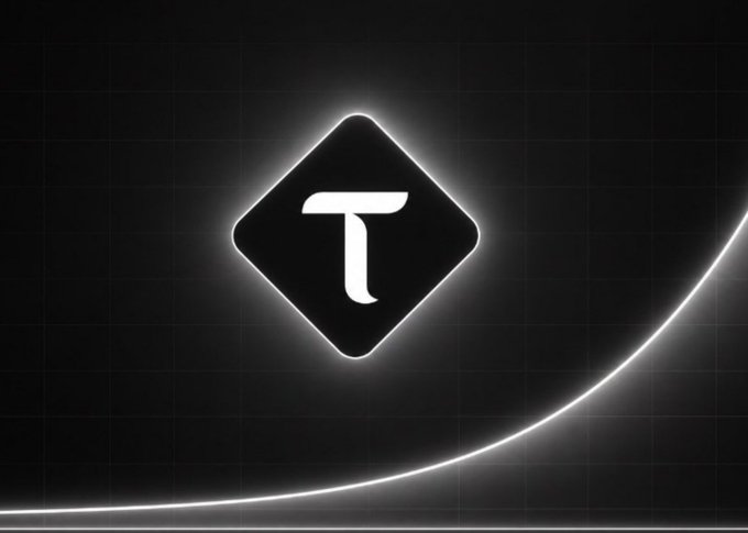 A minimalist dark logo featuring a white stylized 'T' inside a diamond-shaped tile with a glowing outline, set against a black background with a curved light line and grid pattern, likely the TRON cryptocurrency logo.