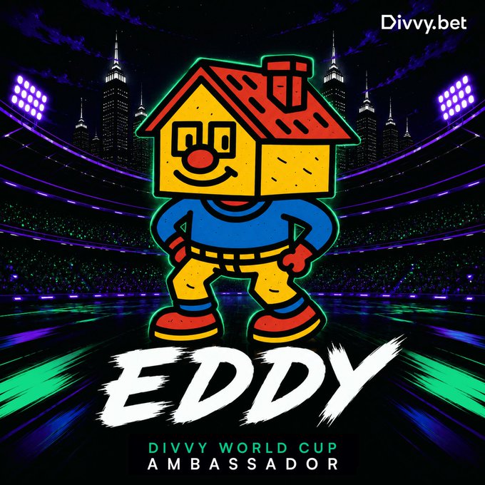 The image features a cartoon character with blue pants, orange shoes, and yellow arms standing in front of a stadium filled with lights. Above the character, there are two purple lights that create a vibrant atmosphere. The text "Divvy World Cup" is prominently displayed on the image, and below it, the name "Eddy" is written. Additionally, a post on social media mentions an event called "Divvy World Cup Ambassador" where people can learn more about the event details and get an opportunity to win prizes like 220 SOL up for grabs during the tournament.