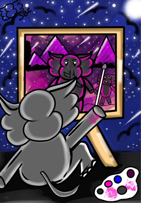 Digital artwork of a gray cartoon creature painting a picture of a pink sheep-like character, with an artist's palette in the corner and the signature 'JBC' at the top.