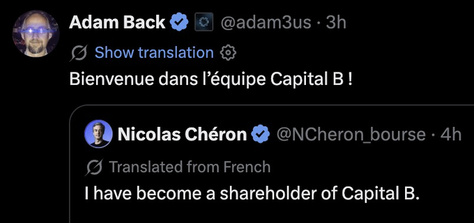 A Twitter/X screenshot showing Adam Back (@adam3us) welcoming Nicolas Chéron (@NCheron_bourse) with the message 'Bienvenue dans l'équipe Capital B !' in response to Chéron's announcement that he has become a shareholder of Capital B.