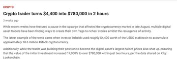 A CriptoFacil news article titled 'Crypto trader turns $4,400 into $780,000 in 2 hours' about a trader using Dogelinkcoin to multiply their investment 17,000% in just two hours.