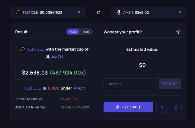 The image displays a screenshot of a money calculator showing two options, one for 'Testicle Market Cap' being $0.68, and another for 'Amzn Market Cap' showing a value of 0.49. The rest of the options are not visible in the screenshot. The post suggests that they haven't added these options yet but should consider adding them to reflect the current market cap information accurately.