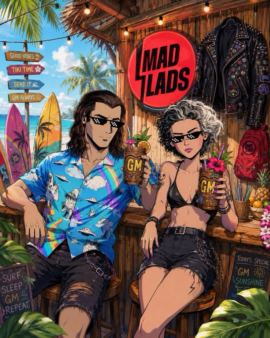 A man in a tropical shirt and a woman in a bikini sit at a tiki bar holding coconut drinks branded "GM," with a large "MAD LADS" sign above them and signs reading "GOOD VIBES TIKI TIME," "SURF SLEEP GM REPEAT," and "TODAY'S SPECIAL GM SUNSHINE," capturing the laid-back Sunday Funday, surf-and-vibes energy referenced in the post while tying it back to the "GM" brand.