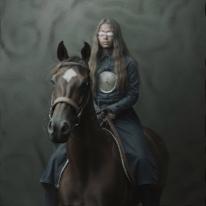An AI-generated or digital art image of a figure with long hair and glowing white eyes, wearing dark clothing with a moon emblem, sitting astride a brown horse against a dark, textured background.