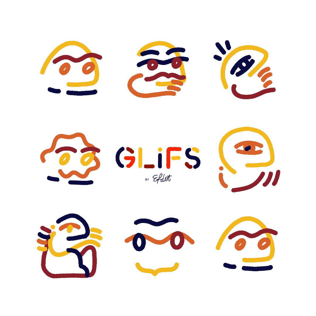 The image features a collection of nine different faces drawn with lines and colors, each representing a unique expression or emotion. The faces are arranged in a square format against a white background, creating an artistic and visually appealing display. The text "GLiFS" is written below the faces to indicate that this is part of a project related to GLiFS.