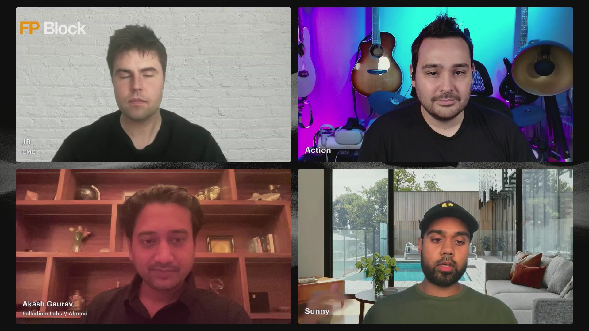The image shows four men sitting in front of a computer screen, with each man's face clearly visible. The screen displays a video call from a group chat or a social media platform where they are discussing building web3 products that actually scale. The focus on their faces and the content displayed suggests an engaging conversation about this topic.