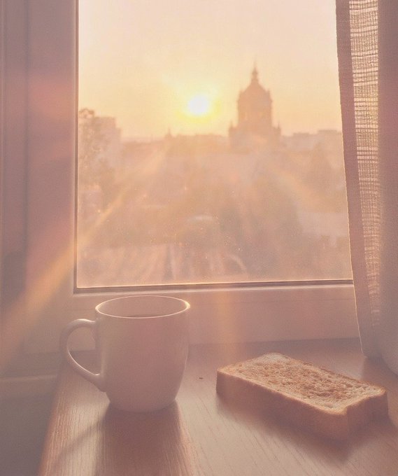 A warm, sunlit windowsill scene features a white ceramic mug and a slice of toast in the foreground, with a hazy cityscape and silhouetted dome visible through the window at sunrise or sunset.