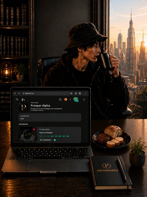 A person in a black bucket hat and leather jacket sips coffee while looking out a window at a city skyline, with a laptop in the foreground showing a 'Prosper Alpha' interface and a notebook labeled 'PROSPERDEX' on the desk.