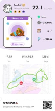 A screenshot of a fitness app called STEPN showing stats 'Human +2300.00', a GSJ token, and a walking route map for 'Parrotball'.