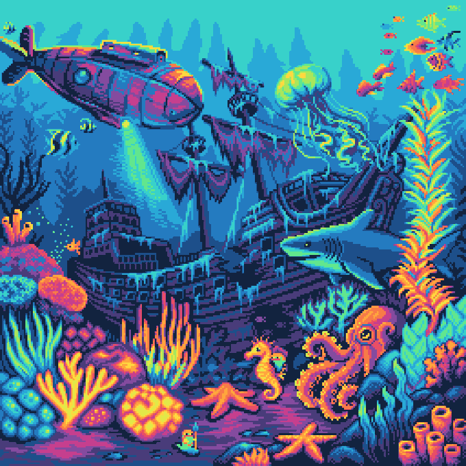A vibrant pixel art illustration depicting an underwater scene with a submarine exploring a sunken ship, surrounded by colorful coral, a shark, a seahorse, an octopus, a starfish, and tropical fish.