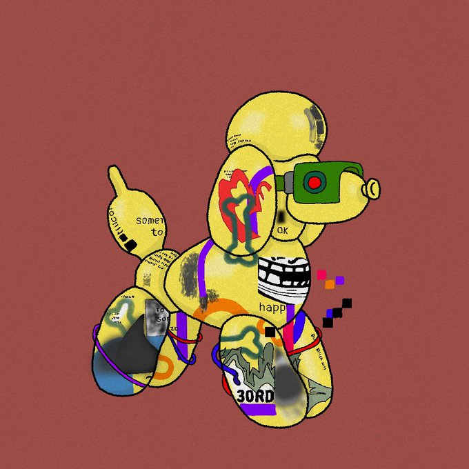 This digital art features a yellow balloon poodle with various text and graphics, including "ok," "happ," and "30RD," alluding to the upcoming "1/1 for ok poodles" mentioned in the post.