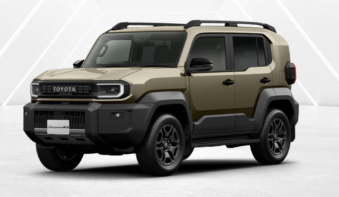 A promotional image of a boxy, tan and black Toyota Land Cruiser compact SUV, identified by text as the "LAND CRUISER FJ".