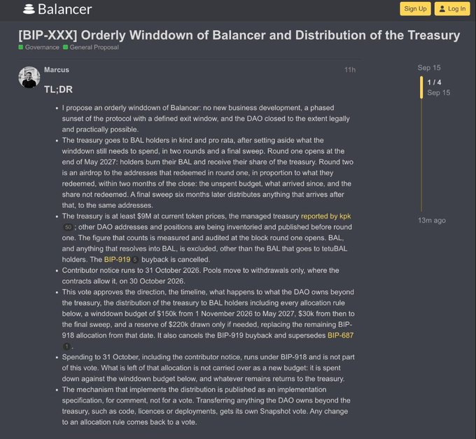 A screenshot of a "Balancer" governance forum post titled "[BIP-XXX] Orderly Winddown of Balancer and Distribution of the Treasury" by user "Marcus", detailing a TL;DR proposal to sunset the Balancer protocol and distribute its $9M+ treasury to BAL holders.