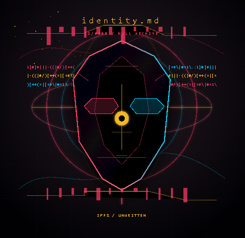 A neon digital art piece featuring a stylized face mask design with 'identity.md' text at the top and 'IPFS / UNWRITTEN' at the bottom, surrounded by code and waveform graphics in pink and yellow.