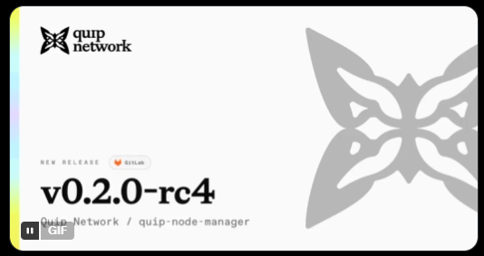 The image displays a white square with black text, possibly related to the Quip network or a specific update. The main content of the picture features a butterfly graphic positioned above the white text, which could be interpreted as an image used for visual effect or representation. There is no visible link or indication that this image is connected to any other information within the post, such as the release of a new version on a network or a node manager guide.