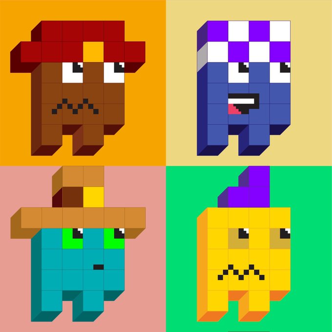 Four voxel-style 3D character figures displayed against colored backgrounds (orange, yellow, pink, green), each with distinctive features like hats and glasses.