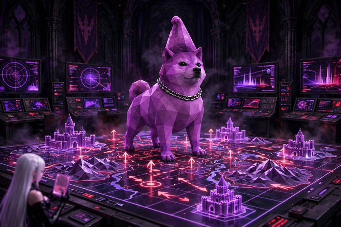 A digital artwork showing a purple Shiba Inu dog wearing a wizard hat and chain collar, standing on a glowing war game table with castles, surrounded by monitors displaying data.