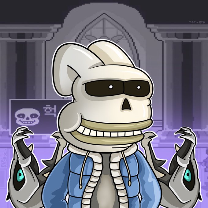 A pixel-art style illustration depicts a skeleton character wearing sunglasses and a blue hoodie with skeletal hands raised, set against a purple backdrop featuring a skull icon and Korean text.