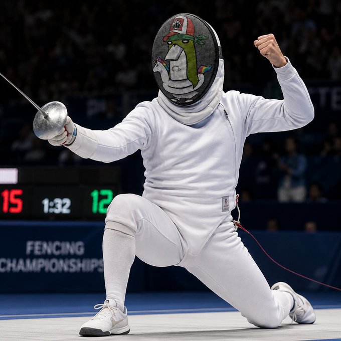 A fencer in white gear is captured mid-lunge during a 'Fencing Championships' event, with a scoreboard showing 15 to 12 and 1:32 remaining, while the mask features a painted illustration of a snake in a baseball cap.