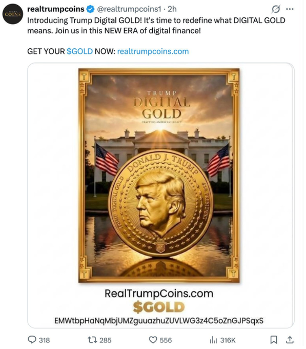 A tweet from @realtrumpcoins1 promotes "Trump Digital GOLD" with promotional imagery featuring Donald Trump on a gold coin set against the White House, along with the website RealTrumpCoins.com and a contract address. The accompanying post notes that the coin lost 95% of its value in one minute, suggesting the polished marketing image contrasts sharply with the token's rapid collapse.
