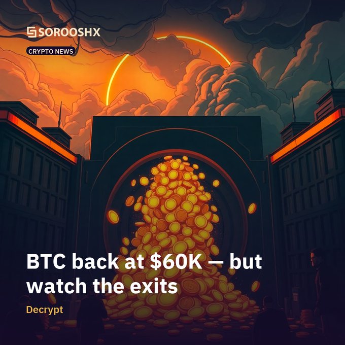 A crypto news graphic from SOROOSHX titled 'BTC back at $60K — but watch the exits' by Decrypt, depicting a stylized illustration of coins pouring through an archway under a dramatic sunset sky.