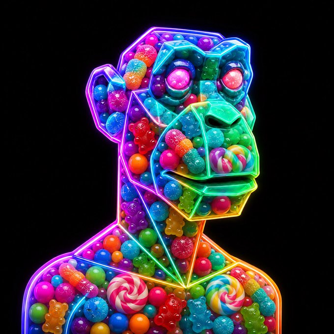 A vibrant neon-lit digital artwork of a gorilla filled with colorful candy, gummy bears, and lollipops against a black background.