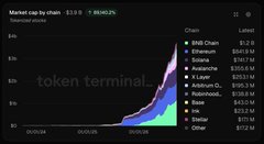 A chart from Token Terminal titled 'Market cap by chain' showing 'Reserved stocks' valued at $1.83, with a stacked area graph ranking chains including BNB Chain, Ethereum, Solana, and Base.