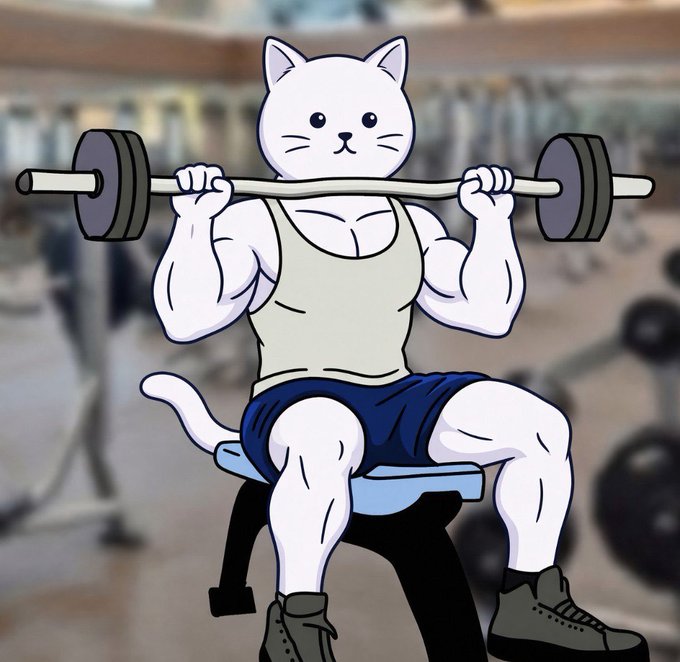 An illustration of a muscular white cat in workout clothes lifting a barbell on a bench press in a gym setting.