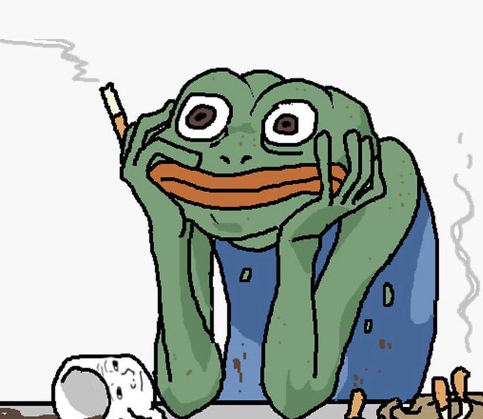 A cartoon illustration of a sad green frog wearing a blue tank top, smoking a cigarette and resting its head on its hands.